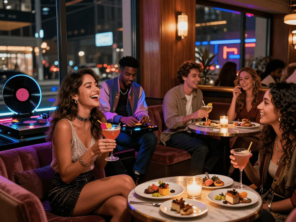 A lively urban nightlife scene showcasing friends enjoying cocktails in a vibrant lounge, reflecting the nsfw atmosphere characterized by upscale style and dynamic energy.