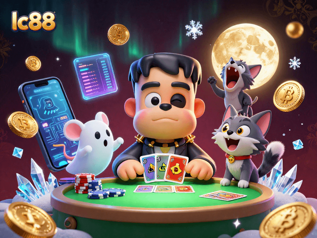 Play captivating casino games at lc88 featuring a quirky 3D Frankenstein bulldog dealer and a ghost mouse amidst vibrant crypto elements.