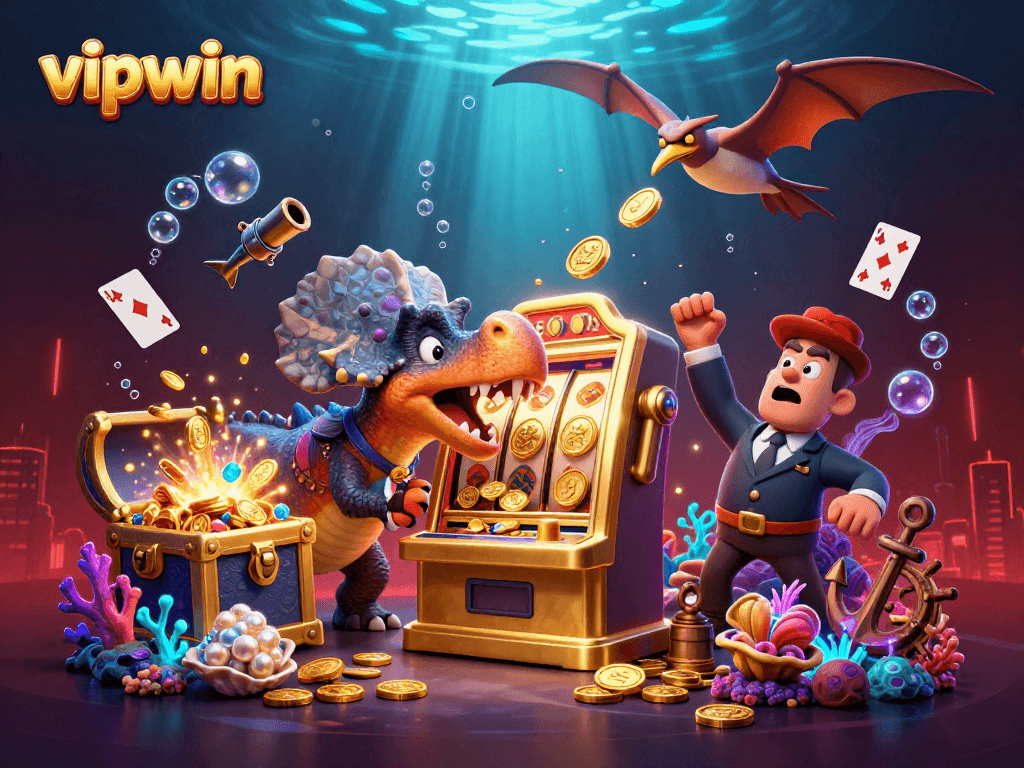 Catch jackpot riches at vipwin with vibrant 3D casino illustration featuring dynamic characters.