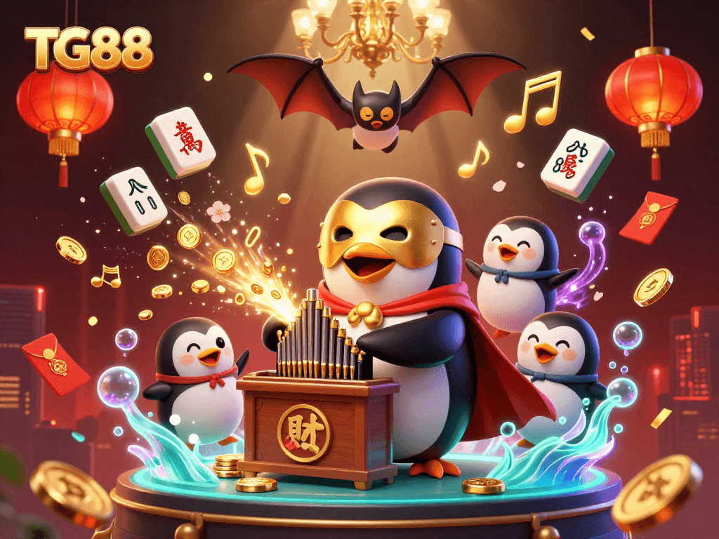 Engage with TG88 as the phantom opera penguin plays, shooting golden coins in a vibrant casino scene.