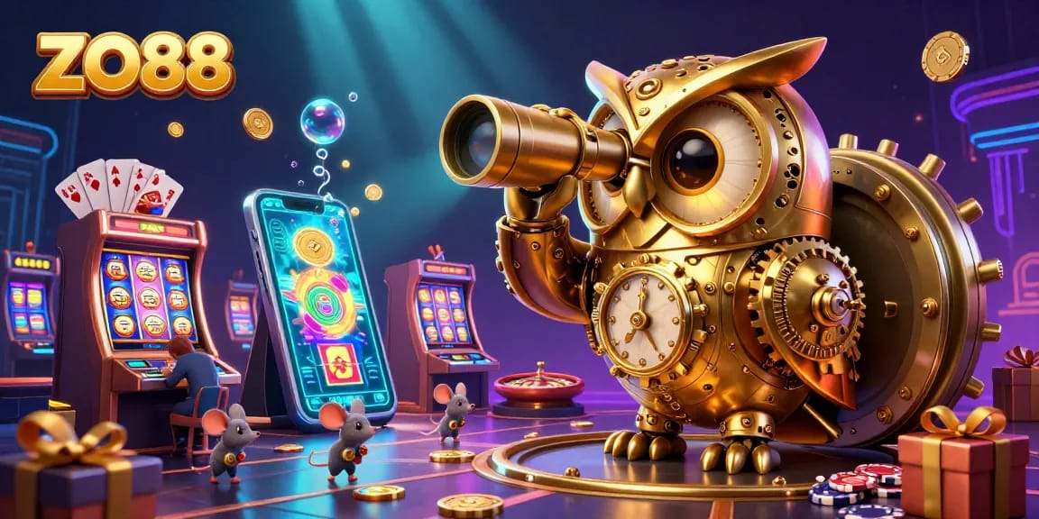 Engage in captivating casino fun at ZO88 with enchanting owl mascot and thrilling slot games.