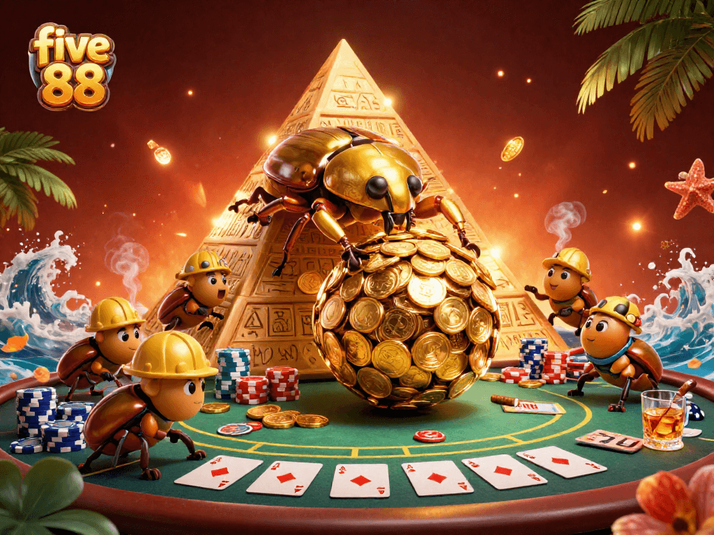 Experience the excitement of five 88 with a vibrant casino-themed illustration featuring golden coins and poker symbols.
