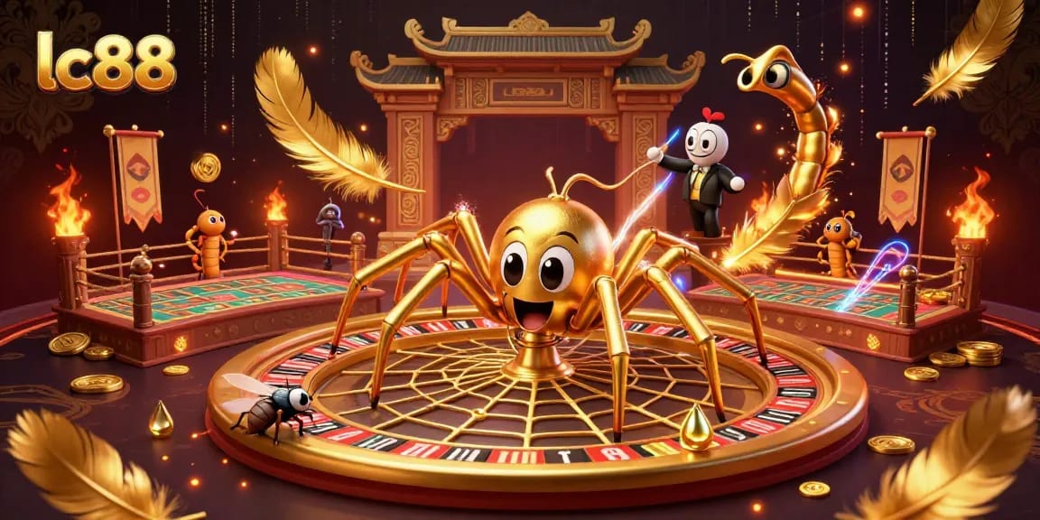 Engage with lc88 as a golden spider spins a roulette wheel web, thrilling bets happening in a casino atmosphere.