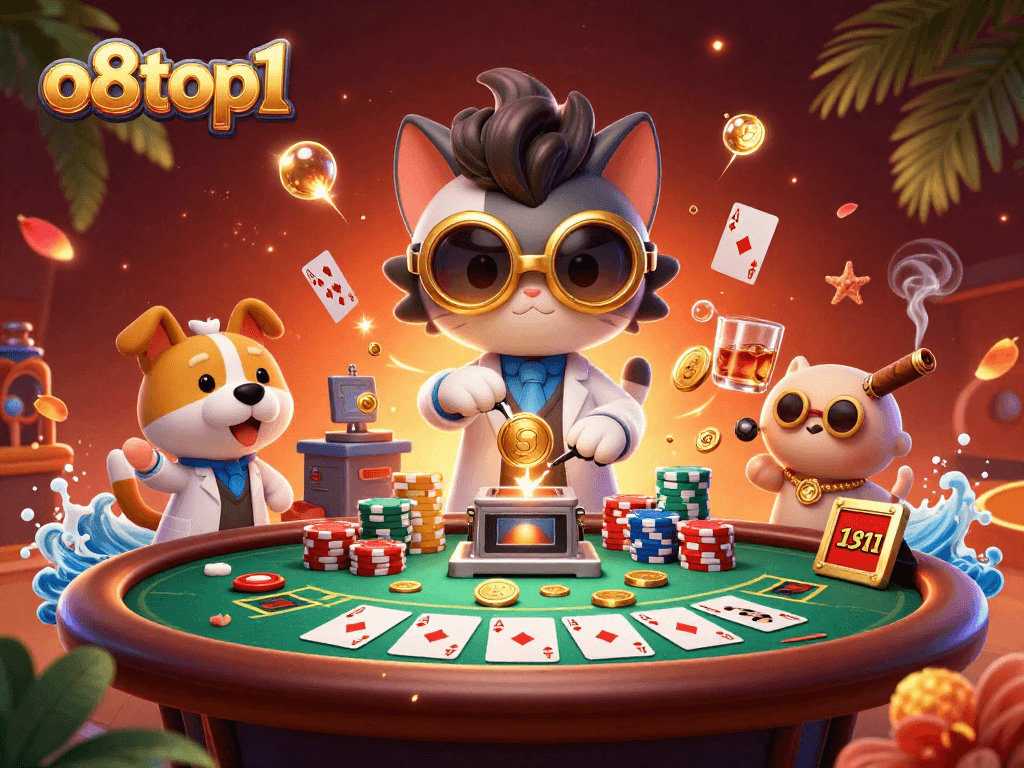o8top1 showcases a vibrant 3D scene with a mad scientist cat and poker elements, embodying casino excitement.