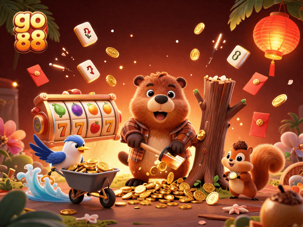 Spin and win with go 88 as cartoon characters gather golden coins amidst vibrant casino elements.