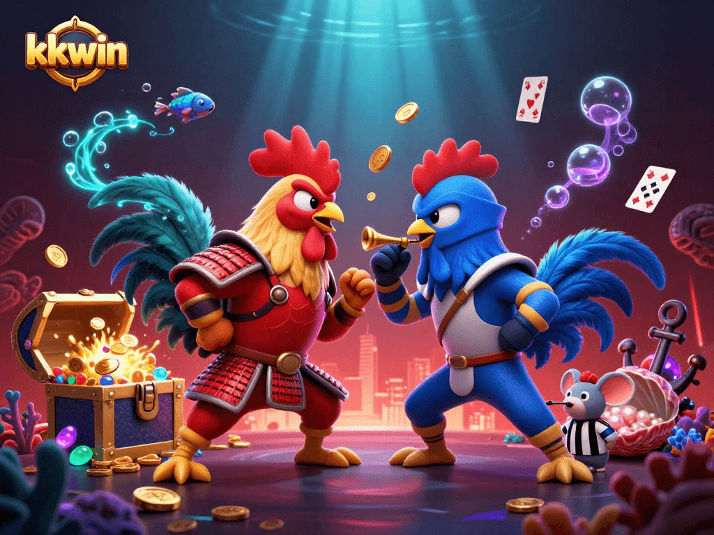Engage in thrilling KKWIN action with dynamic cartoon fighting roosters amidst vibrant casino elements.