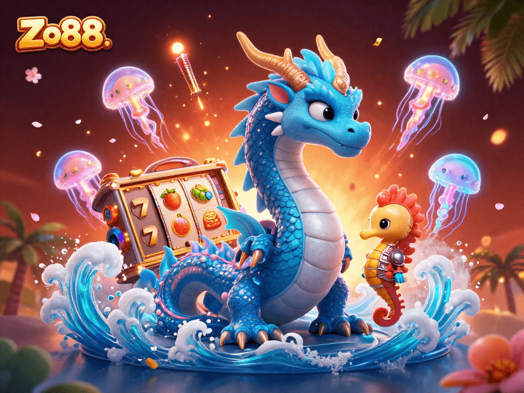 Spin the reels with Zo88. in a vibrant 3D casino scene featuring mystical creatures and festive elements.
