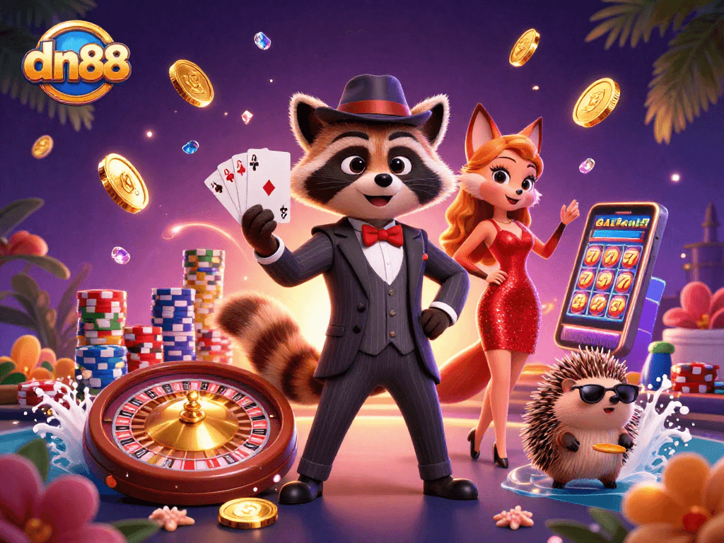 dn88 raccoon deals a royal flush as fox lady shines in sequins amidst casino action.