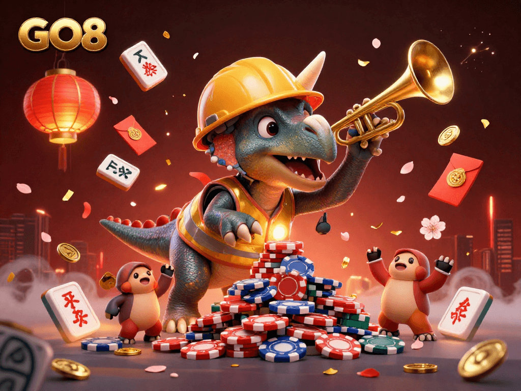 GO8 celebrates with a lively 3D scene of joyful characters building excitement, showcasing casino elements.