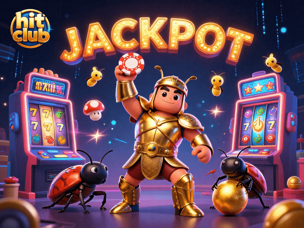 hit club jackpot celebration with a victory pose, colorful casino elements surrounding
