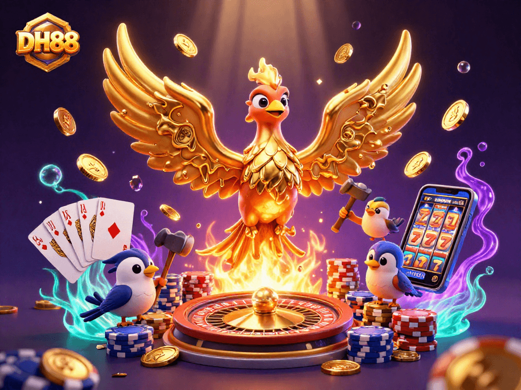 Experience gaming excitement with DH88's vibrant casino scene featuring golden phoenix and treasures.