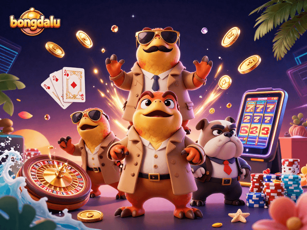 Bongdalu features three raptors in a trench coat entering a casino, surrounded by dynamic gaming elements.