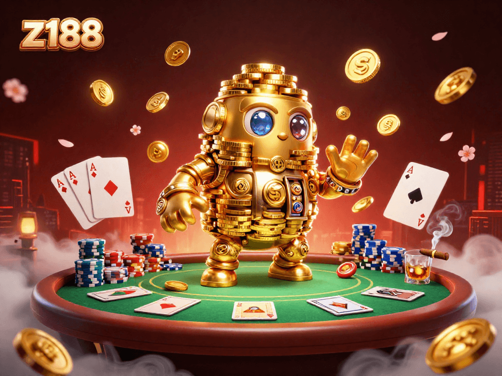 Experience z188's vibrant casino atmosphere with a golden golem surrounded by poker elements and dynamic energy.