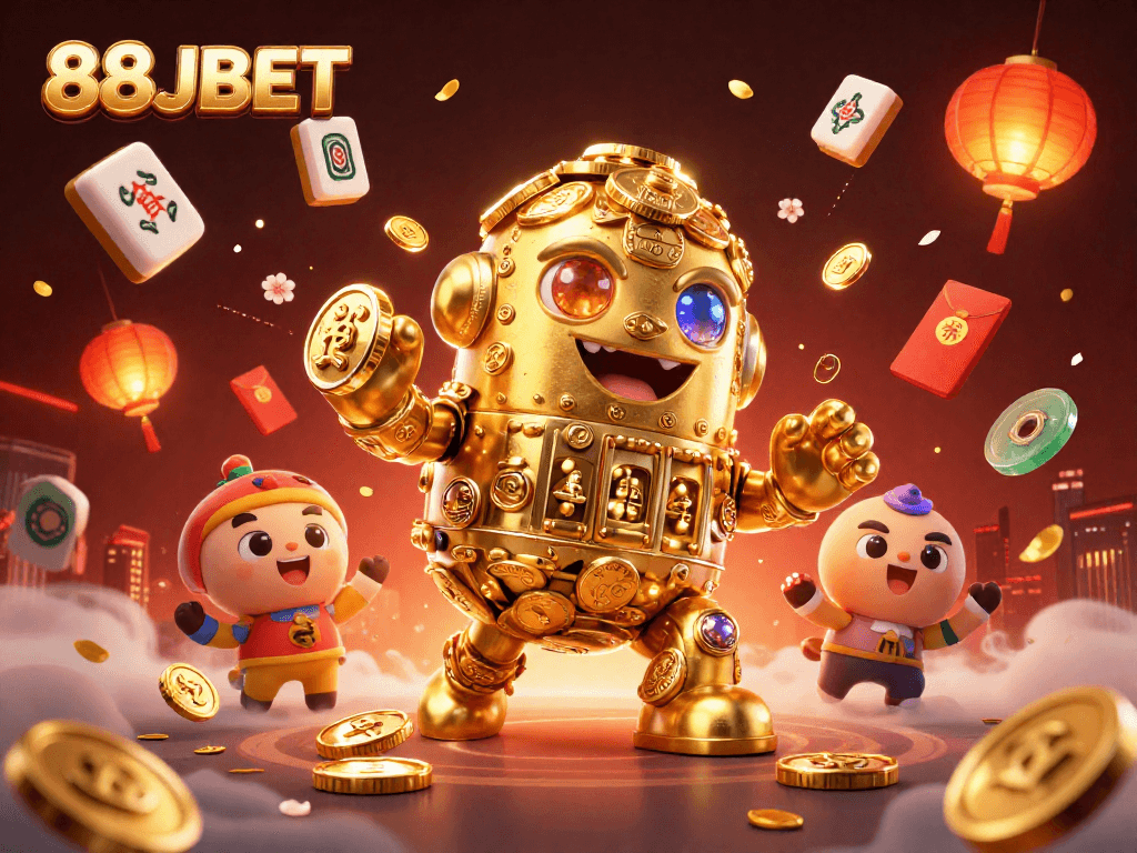 Play at 88JBET with a vibrant scene featuring a golden golem and festive casino elements.