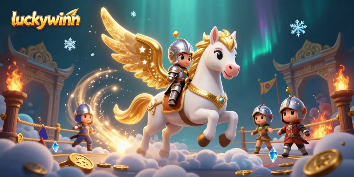 Experience thrilling gameplay with luckywinn as a celestial knight rides a magical horse in a vibrant casino scene.