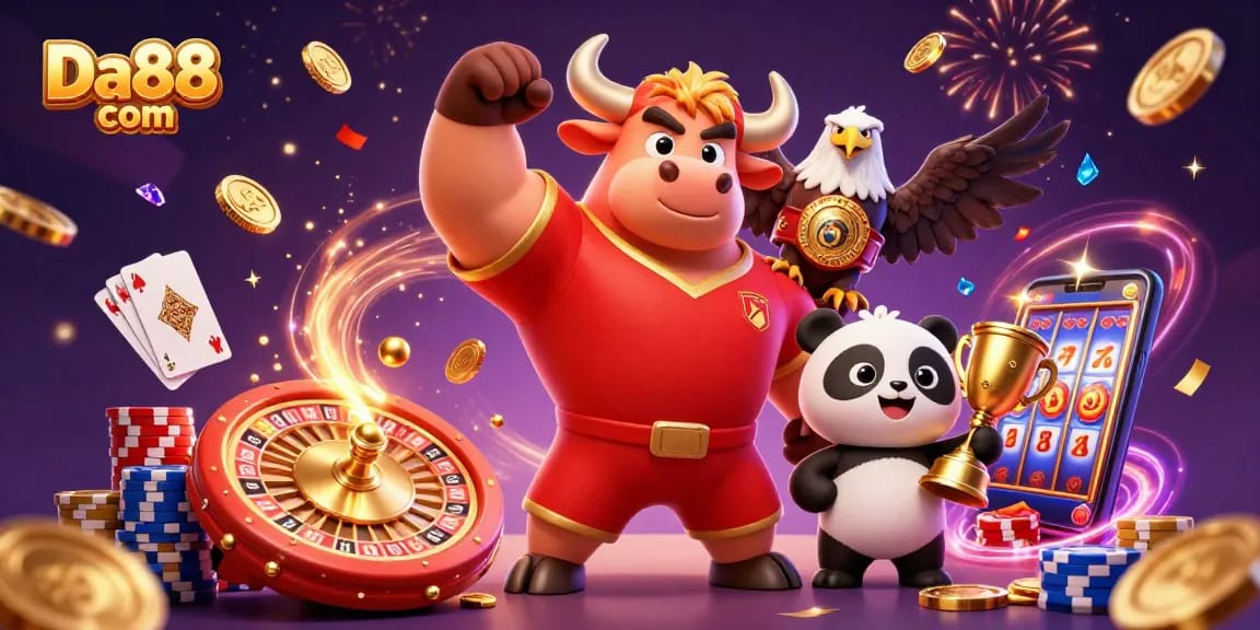 Engage in thrilling gaming at Da88 com with our dynamic casino illustration featuring action and fun.