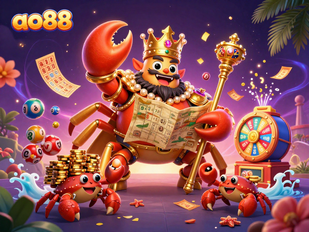 Experience ao88's thrilling gaming world with a majestic crab emperor and vibrant lottery elements.