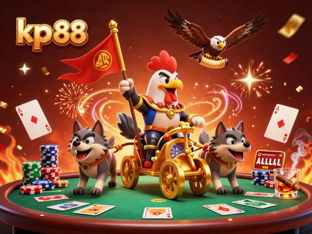 Experience the excitement of kp 88 with a vibrant illustration of a cartoon rooster warlord and poker elements.