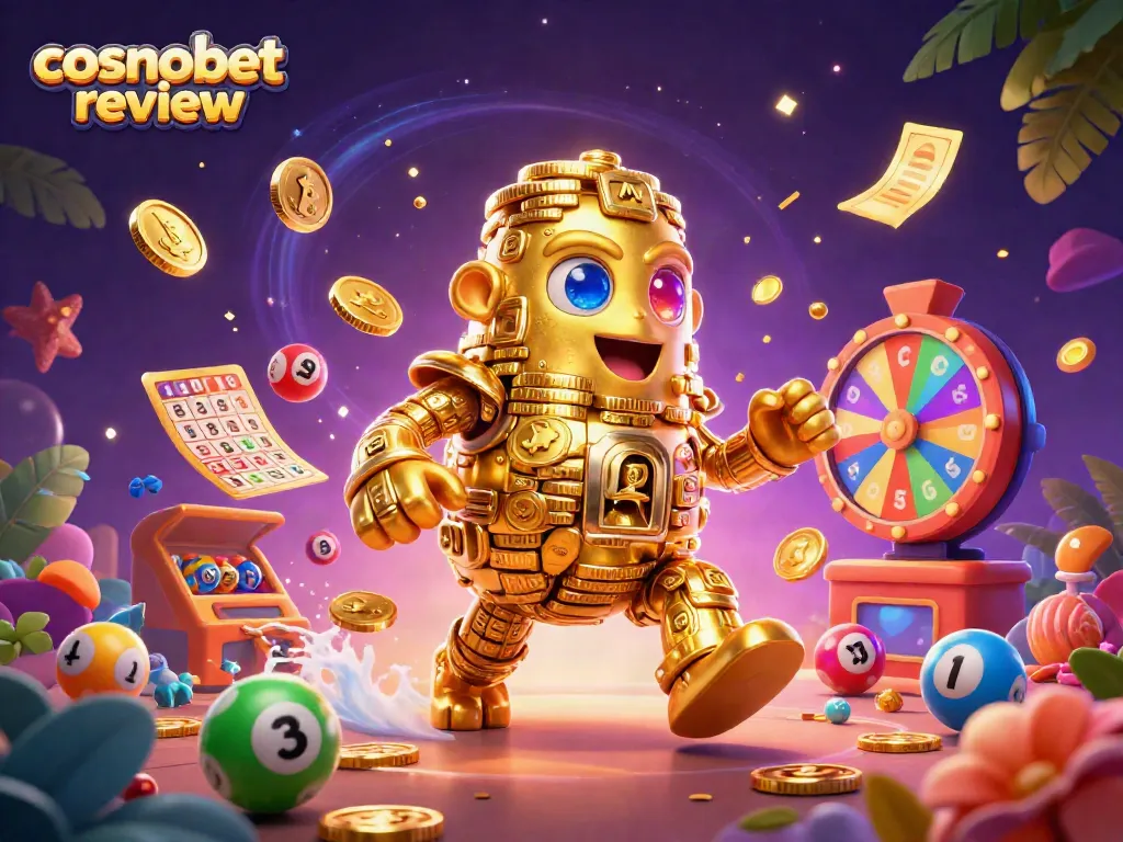 Engage with our Cosmobet review featuring a vibrant 3D golden golem amidst an exciting casino scene.