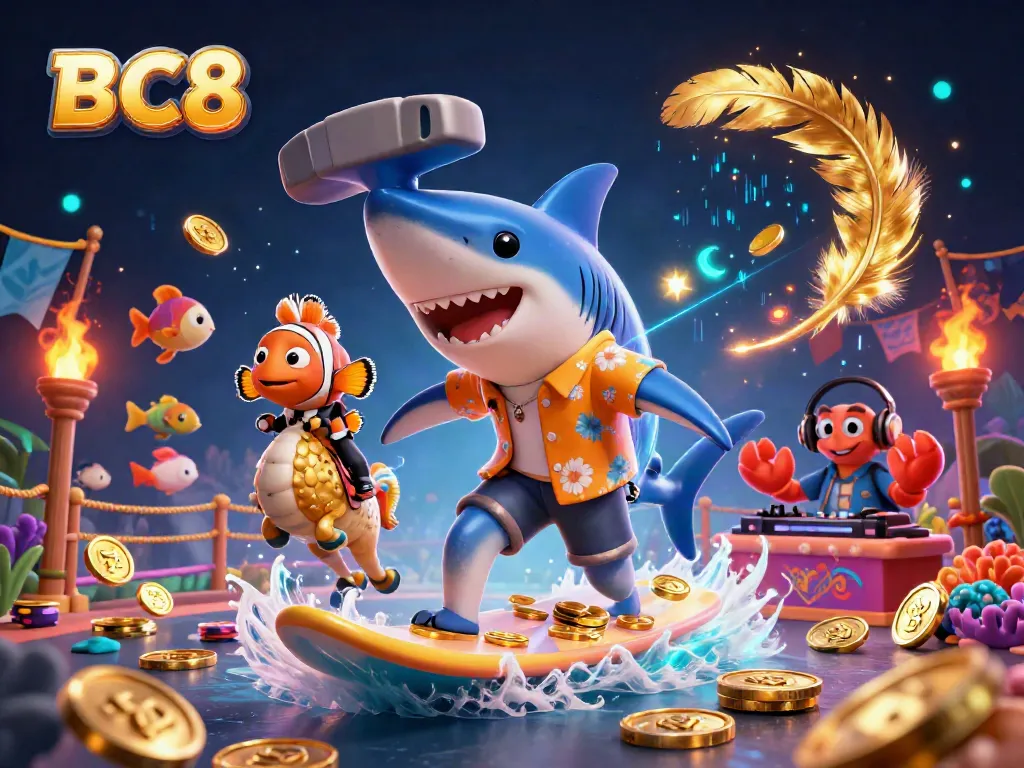 Engage with BC8's dynamic casino experience featuring a surfing shark, vibrant fish shooting elements, and bet-driven excitement.