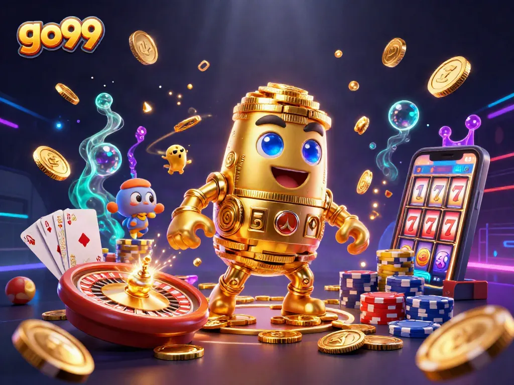 Spin the reels with go99, showcasing a golden golem surrounded by dazzling casino elements.