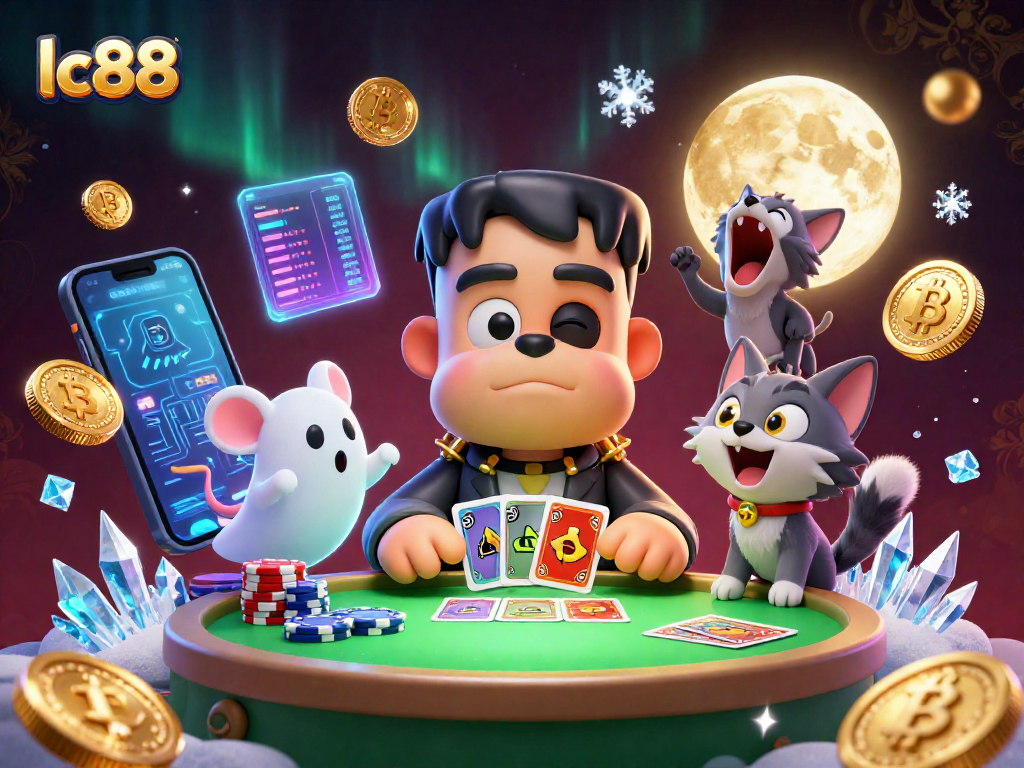 Play captivating casino games at lc88 featuring a quirky 3D Frankenstein bulldog dealer and a ghost mouse amidst vibrant crypto elements.
