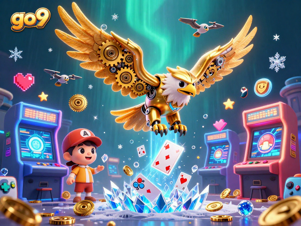 Join the excitement at go9 with a golden eagle diving through casino-themed holographic cards and arcade games.