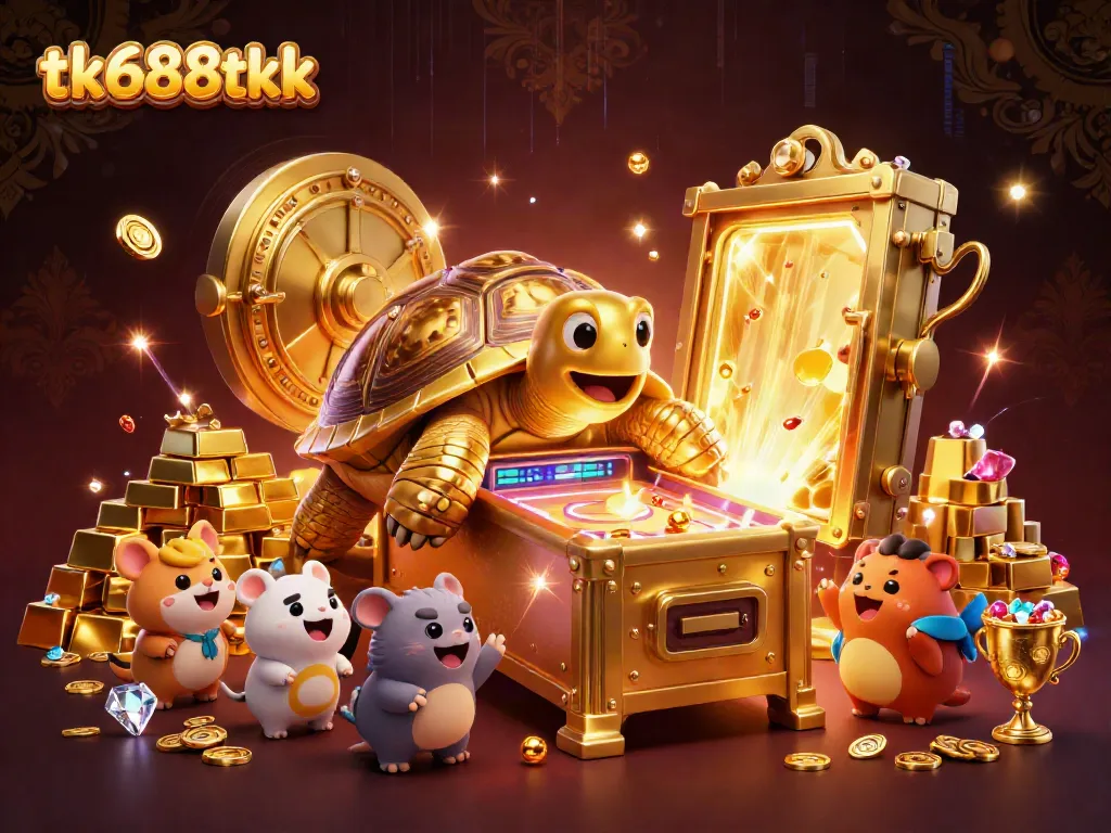 Experience excitement at tk688tkk with a playful golden tortoise pinball machine amidst gleaming treasure!