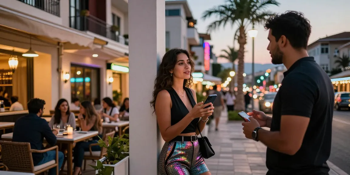 Antalya Merkez Escort in a chic urban setting, engaging with a client amid vibrant nightlife.