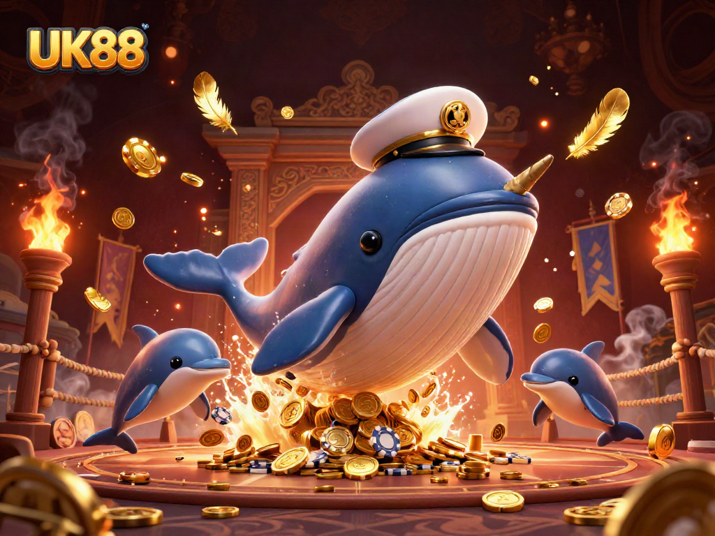 Engage in thrilling gameplay at UK88 with vibrant casino elements featuring a whale, narwhal, and dolphins.