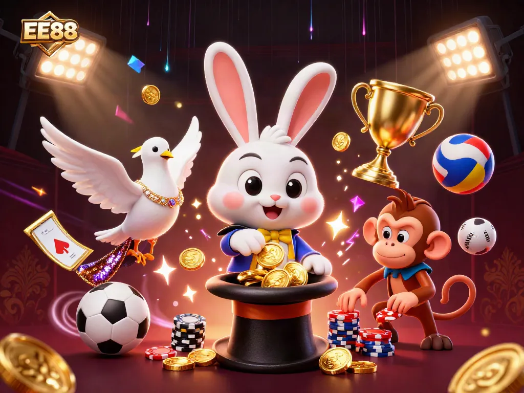 Experience thrilling wins at EE88 with a magician rabbit and vibrant casino elements.