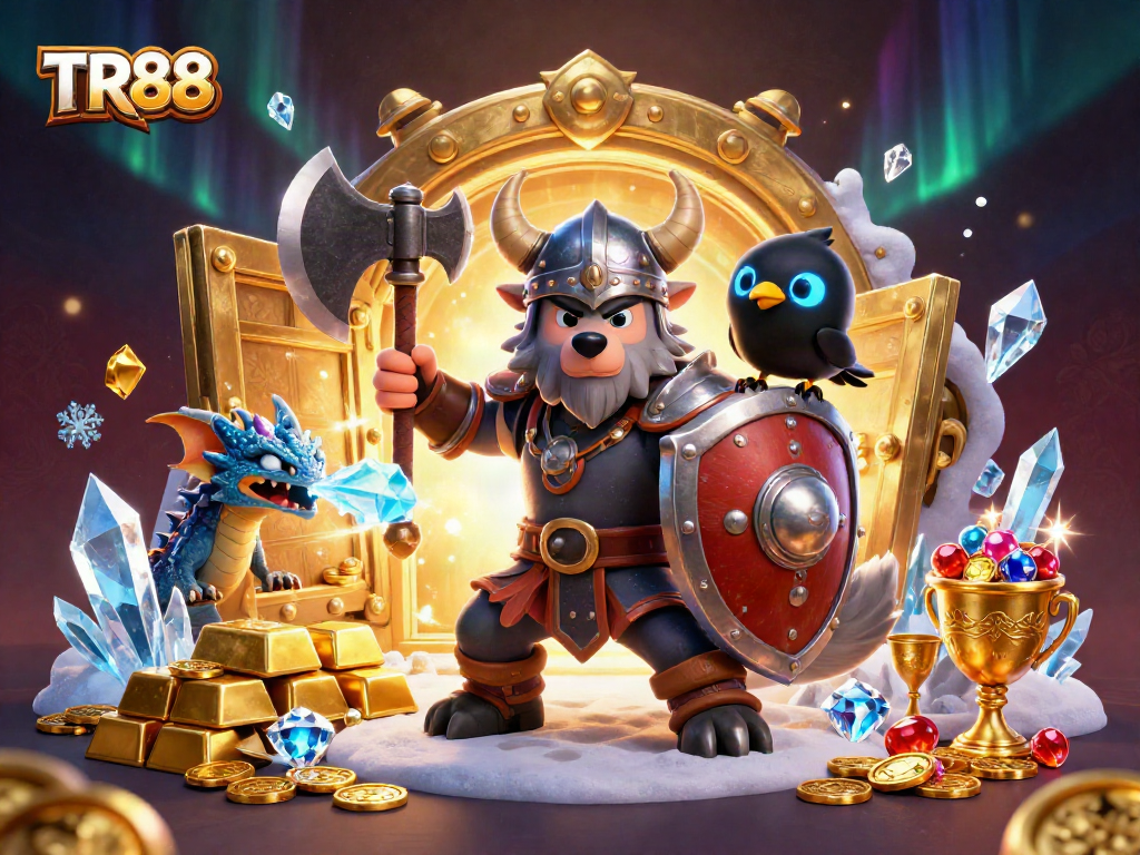 Experience the captivating world of TR88 with a Viking warrior and mystical dragon in a thrilling casino setting.