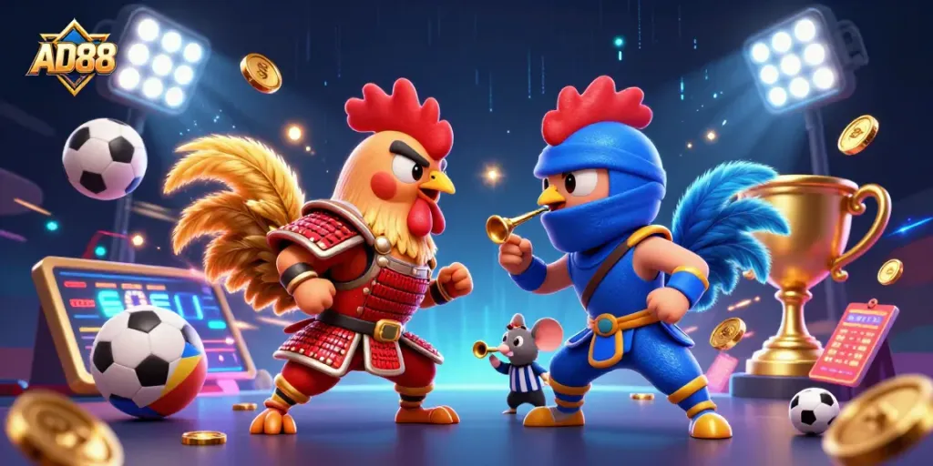 Engage in the excitement of AD88 with twin roosters facing off on a lively casino stage, surrounded by dynamic game elements.