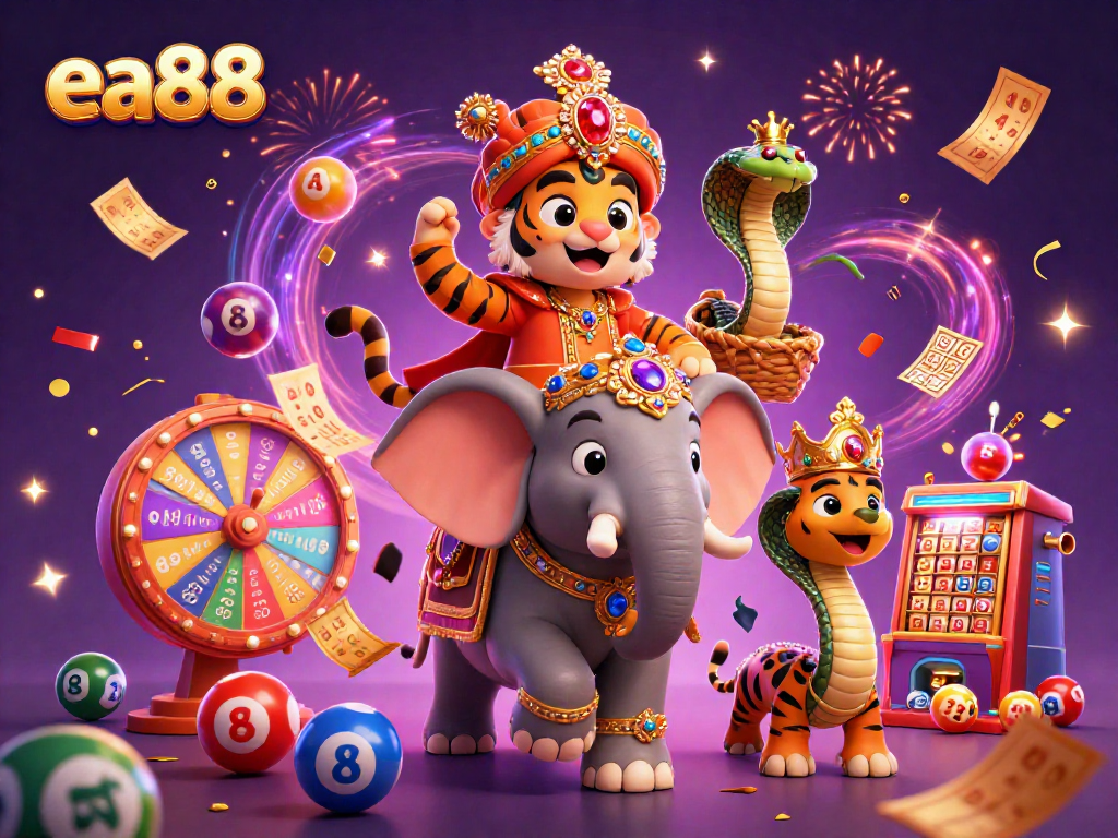 Win big at ea88 with a vibrant casino scene featuring a tiger maharaja and rich game elements.