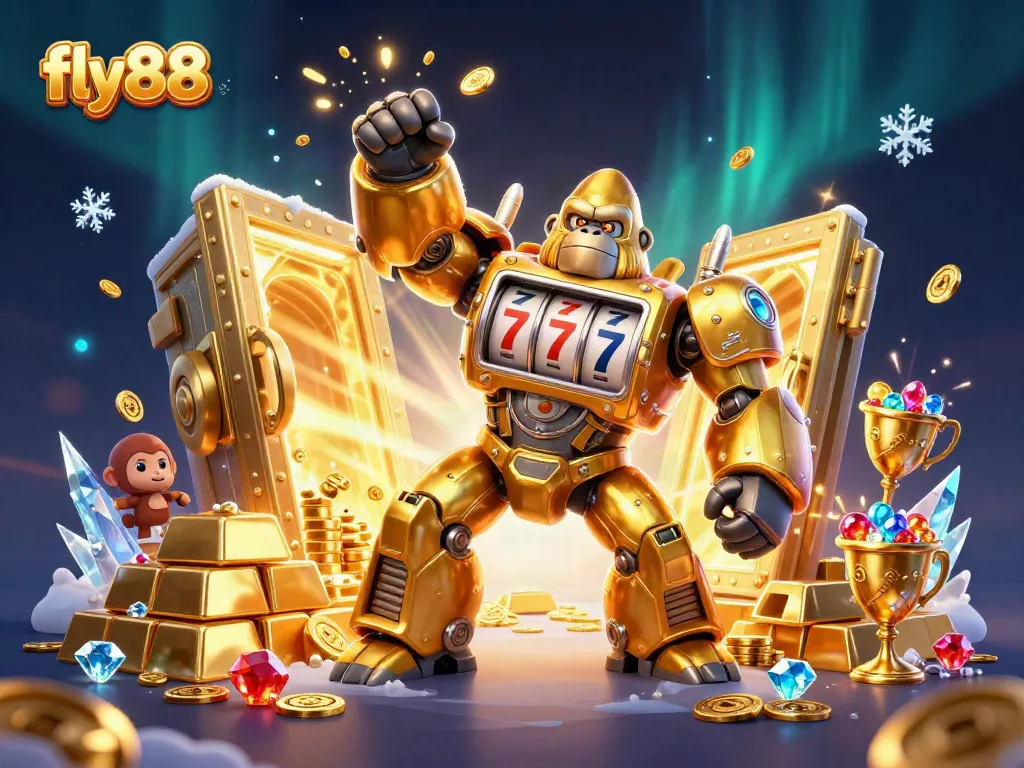 Engage with fly88's thrilling casino atmosphere featuring a golden gorilla mech and dazzling treasures.