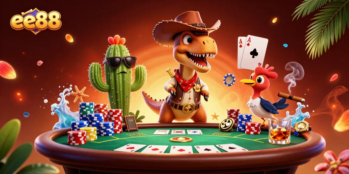 Join the fun at ee88 with a vibrant scene of a cartoon dinosaur and poker action!
