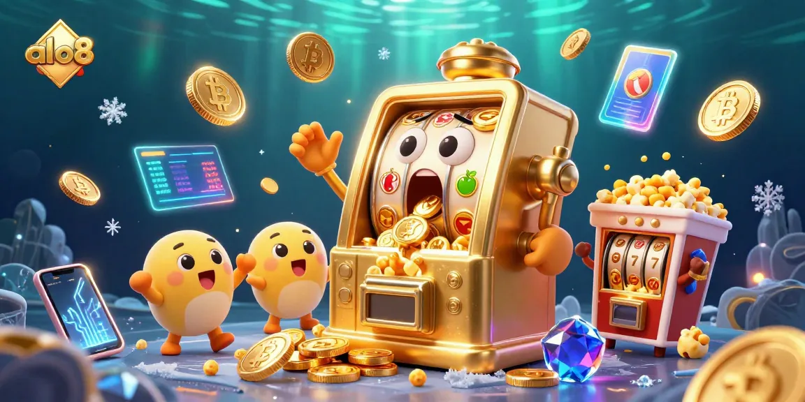 Experience the excitement of alo8 with a golden slot machine celebrating a jackpot amidst crypto coins.