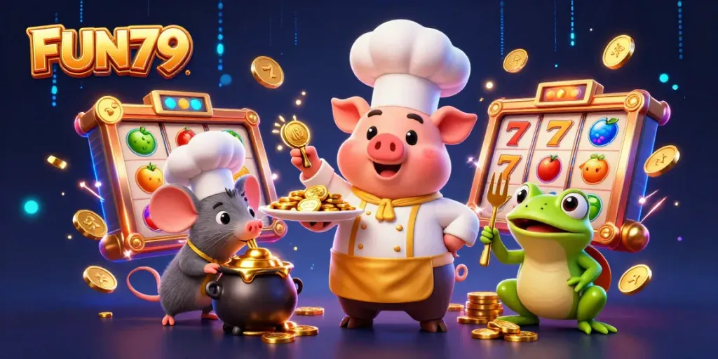 Experience the thrilling wins of FUN79 with vibrant slots, golden coins, and whimsical characters.