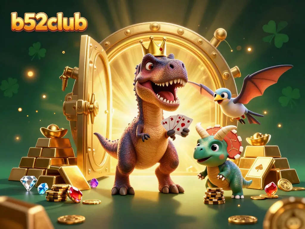 Experience thrilling gameplay and excitement at b52club with this dynamic 3D casino illustration featuring a T-Rex and friends.
