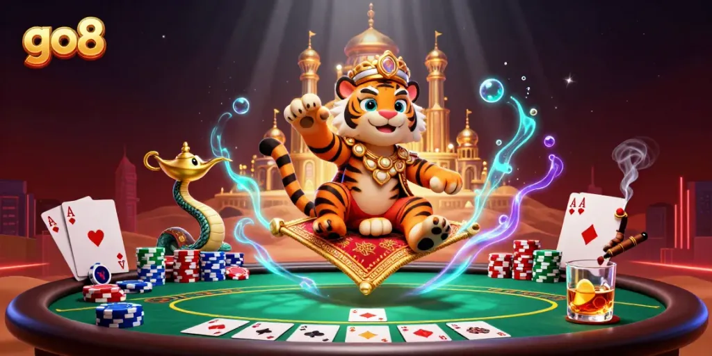 Engage in thrilling action with go8 at this vibrant casino scene featuring poker and exotic characters.