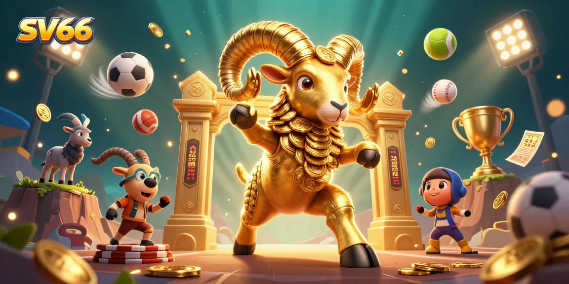 Experience thrilling gaming with SV66's vibrant 3D illustration featuring a golden ram and dynamic sports elements.