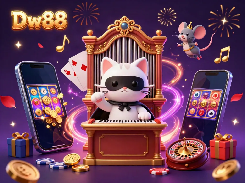 Experience vibrant gaming action at Dw88 with a whimsical casino scene featuring a phantom cat and acrobat, surrounded by games and excitement.