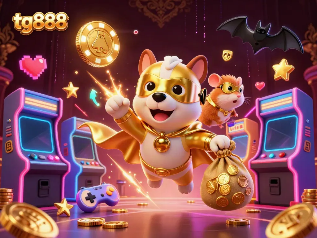 Engage in thrilling games at tg888 with a colorful casino arcade scene featuring a superhero dog.