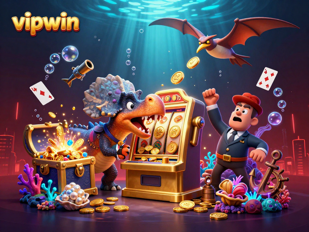 Catch jackpot riches at vipwin with vibrant 3D casino illustration featuring dynamic characters.