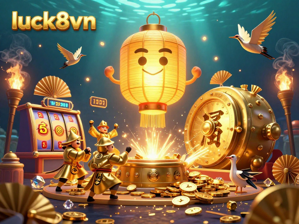 Experience the excitement of luck8vn with vibrant slots and glowing lantern spirits in a dynamic night market casino setting.