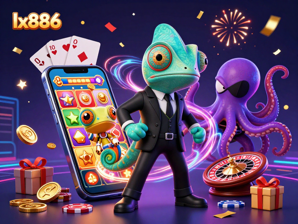 Experience thrilling action at lx886 with a secret agent chameleon amid vibrant casino elements.