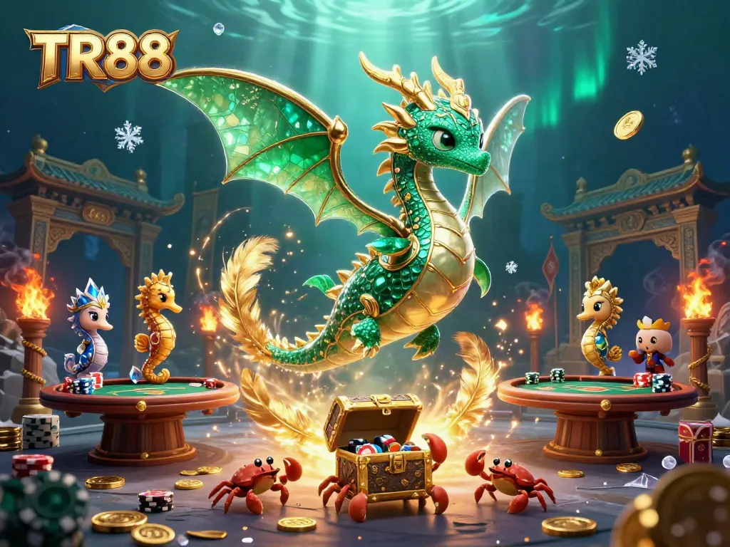 Win big with TR88 in a vibrant underwater casino scene featuring a charming sea dragon and poker elements.