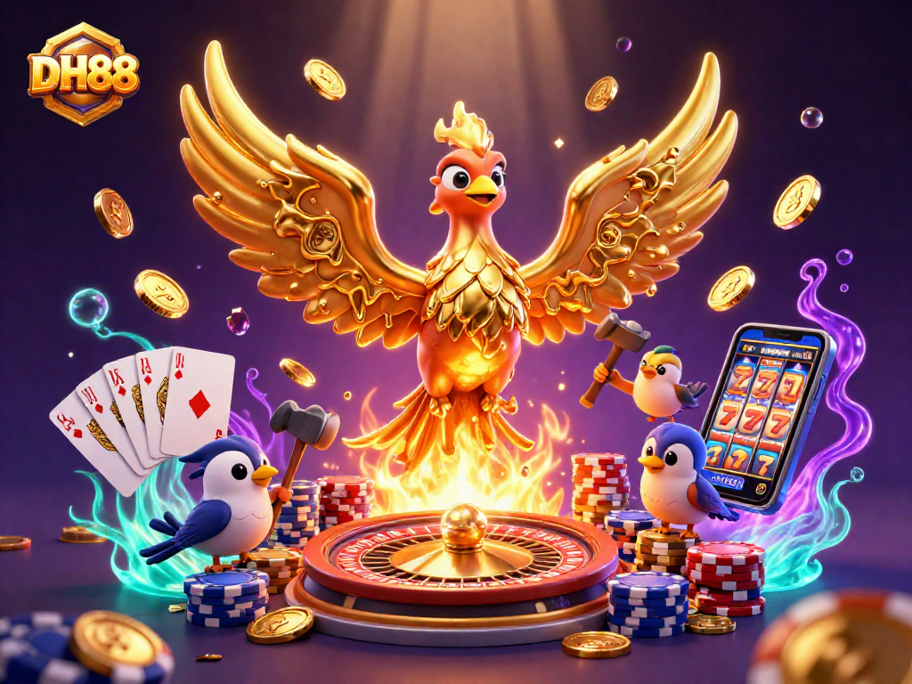Experience gaming excitement with DH88's vibrant casino scene featuring golden phoenix and treasures.