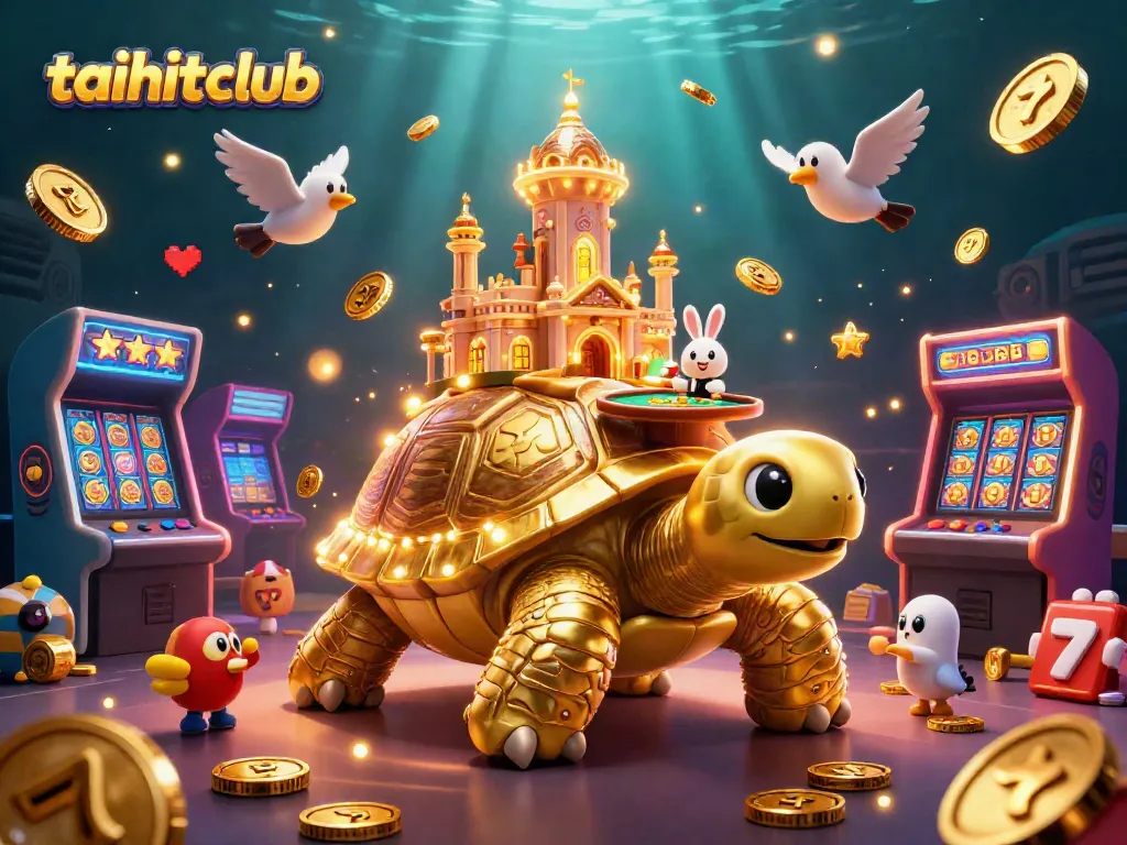 Experience thrilling gameplay at taihitclub with a stunning casino scene featuring a golden tortoise and rabbit dealer.