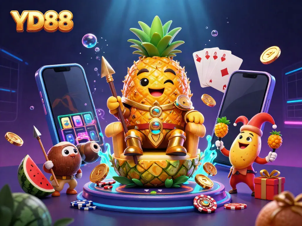 Engage with the vibrant YD88 casino scene featuring a golden pineapple king amidst dynamic gaming elements.